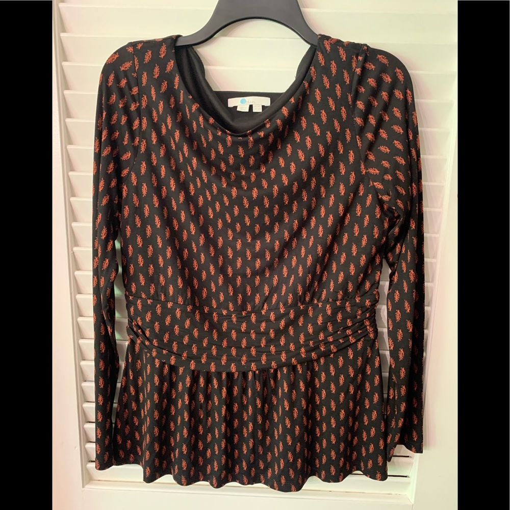Boden Lucille Jersey Top black w/ brown Dainty Leaf US  16R Drop Waist Long Slv